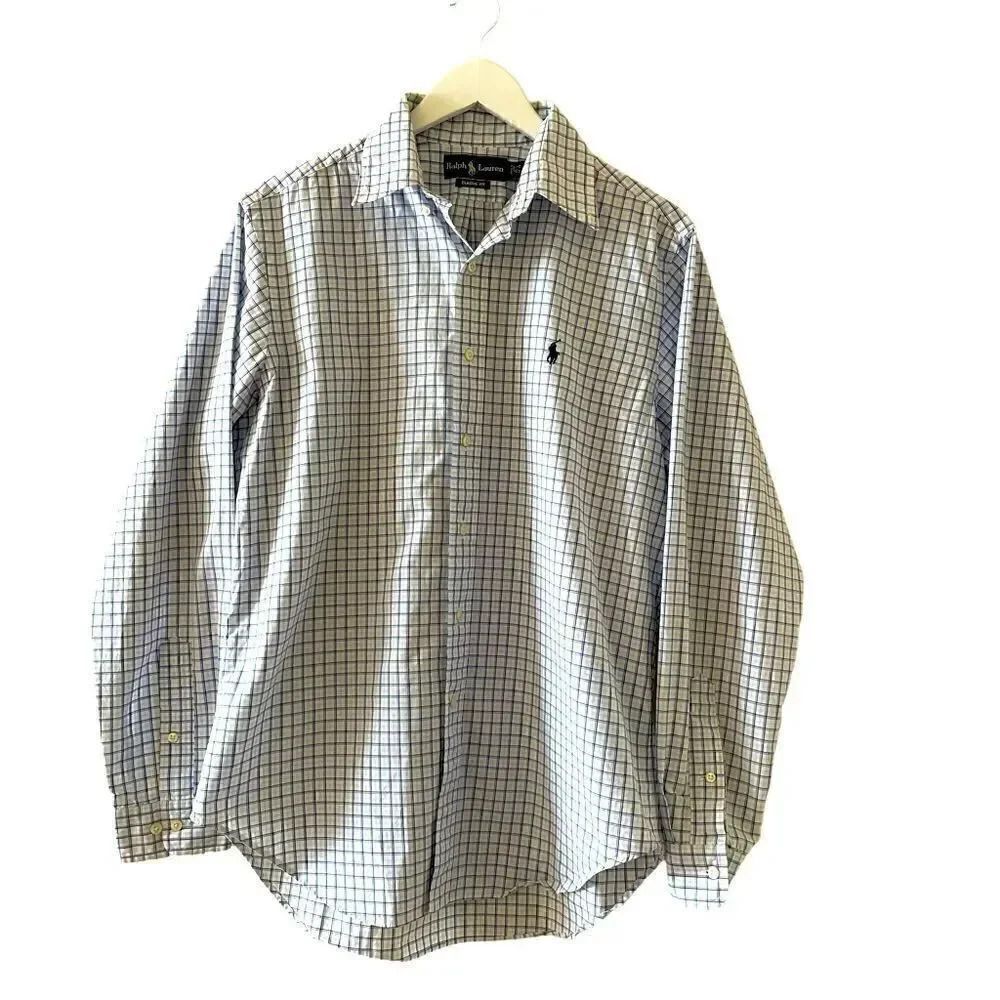 RALPH LAUREN Mens Blue Tattersall Button Down Cotton Shirt 15 1/2